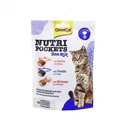 تشویقی گربه طعم میکس سالمون، قزل آلا و میگو جیم کت (GimCat Nutri Pockets Sea Mix Crunchy) وزن 150 گرم