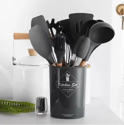 سرویس کفگیر و ملاقه سیلیکونی 12 پارچه دسته چوبی