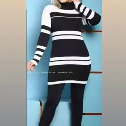 سارافون راه راه بافت کاموا و پشمی یقه اسکی بلند مناسب زیر پافر و کاپشن و بارانی