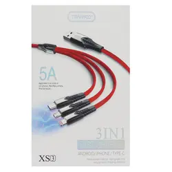 کابل ۳ سر Tranyoo XS3 1.2mTranyoo XS3 5A 1.2m 3-in-1 MicroUSB + Lightning And Type-C Cable
