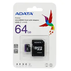 رم میکرو ۶۴ گیگ ای دیتا Adata Premier U1 C10 80MB/s + خشابAdata Premier U1 C10 80MB/s 64GB MicroSDHC Memory With Adapter