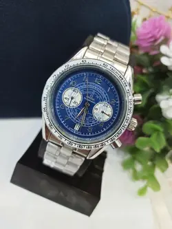 ساعت مچی مردانه سه موتور فعال کرنوگراف بند نقره ای صفحه آبی برند اُمگا فضایی OMEGA،تکی به قیمت عمده