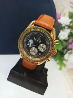 ساعت مچی مردانه سه موتور فعال کرنوگراف بند نارنجی صفحه مشکی برند اُمگا OMEGA،تکی به قیمت عمده