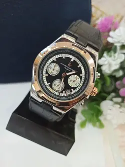 ساعت مچی مردانه سه موتور فعال کرنوگراف بند مشکی صفحه مشکی دور رزگلد برندVACHERON CONSTANT GENEVE،تکی به قیمت عمده