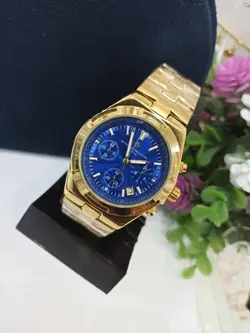 ساعت مچی مردانه سه موتور فعال کرنوگراف بند طلایی صفحه آبی برند VACHERON CONSTANTIN GENEVE، تکی به قیمت عمده