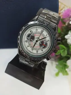 ساعت مچی مردانه سه موتور فعال کرنوگراف بند مشکی صفحه سفیدبرند اُمگا OMEGA، تکی به قیمت عمده