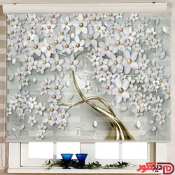 پرده زبرا تصویری شکوفه سفید طلایی کد AZ-10