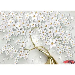 پرده زبرا تصویری شکوفه سفید طلایی کد AZ-10