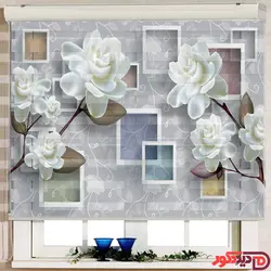 پرده زبرا چاپی طوسی و گل سفید کد 3DF-020