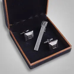 ست دکمه سردست مربعی و گیره کراوات نقره ای کد 7440