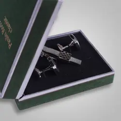 ست دکمه سردست چهارخونه مشکی و گیره کراوات کد 7435