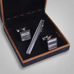 ست دکمه سردست و گیره کراوات مربع نقره ای کد 7422