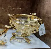 آجیل خوری شیشه ترک برنجی طلایی طرح برگ و پروانه
