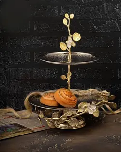 شیرینی خوری دو طبقه استیل_برنجی گل ارکیده چکش کاری شده کد105