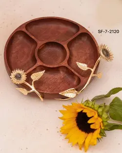 سینی مزه پنج خونه چوبی_برنجی گل آفتابگردان کد2120