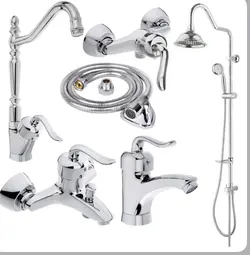 ست شش تیکه شیرآلات مدل قاجاری بامبو به همراه علم دوش شیپوری دوکاره و شلنگ توالت ریزبافت برنجی (رنگ کروم)