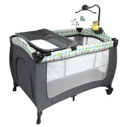 تخت و پارک طرح دار بیبی فور لایف baby 4life رنگ طوسی-آبی