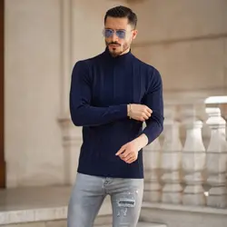 پلیور بافت مردانه مدل یقه ایستاده سرمه ای