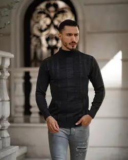 پلیور بافت مردانه مدل یقه ایستاده ذغالی