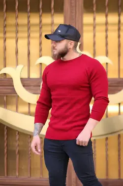 پلیور بافت مردانه مدل یقه گرد رگلان زرشکی