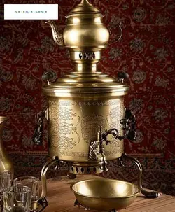 سماور زغالی برنجی استوانه ای سه پایه ای ۶ لیتری، دارای روکش نانو و رنگ ثابت