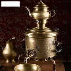 سماور زغالی برنجی استوانه ای سه پایه ای ۶ لیتری، دارای روکش نانو و رنگ ثابت