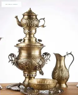 سماور برنجی زغالی 3 لیتری طرح هخامنشی، قلمزنی بسیار زیبا، ظریف و دست ساز