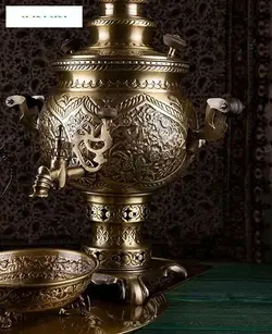 سماور برنجی زغالی 5 لیتری با قلمزنی زیبا و فوق العاده، دارای روکش نانو