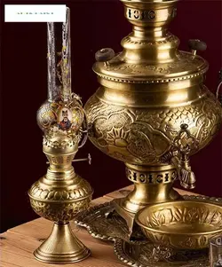سماور زغالی برنجی ۶ لیتری طرح شیر و خورشید، دارای روکش نانو و رنگ ثابت