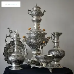 سرویس سماور دکوری برنجی 5 لیتری و آفتابه لگن، با روکش کوره ای و رنگ‌ ثابت  