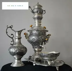 سرویس سماور دکوری برنجی 5 لیتری و آفتابه لگن، با روکش کوره ای و رنگ‌ ثابت  