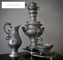سرویس سماور قلمزنی برنجی 5 لیتری اعلاء، با آبکاری پتینه نقره و امضا دار