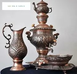 سرویس سماور ریز قلم‌ برنجی 5 لیتری، ریز قلم و رنگ کوره ای ثابت