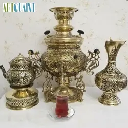 سماور برنجی 6 لیتری عدسی سه پایه مشابه روسی، ریز قلم، سفارشی و با کیفیت