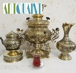 سماور برنجی 6 لیتری عدسی سه پایه مشابه روسی، ریز قلم، سفارشی و با کیفیت