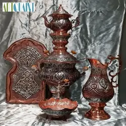 سرویس کامل سماور قلمکاری مس و آب نقره، دست ساز و بدون تغییر رنگ در طول زمان