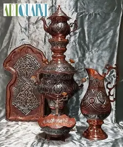 سرویس کامل سماور قلمکاری مس و آب نقره، دست ساز و بدون تغییر رنگ در طول زمان