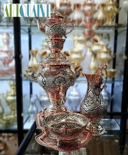 سرویس کامل سماور ریز قلم‌ 5 لیتری، جنس برنج با تلفیق روکش نقره