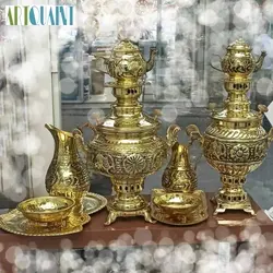 سماور زغالی برنجی شش لیتری، یک سرویس زیبا، با کیفیت و با ورق ضخیم