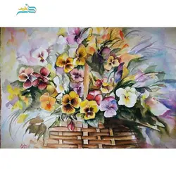 نقاشی آبرنگ با عنوان گلهای بنفشه، پاسپارتوی شیری همراه قاب فلزی