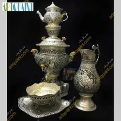 سماور زغالی برنجی 4 لیتری با روکش نقره، سیاه قلم و دارای روکش نانو