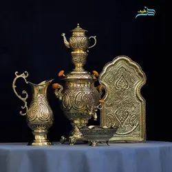 سرویس سماور 4 لیتری برنجی قلمزنی سیاه قلم دکوری قلم دست اعلاء