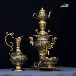 سماور قلمزنی ریز نقش اعلاء از طرح های اسلیمی، پوشش کوره ای، مقاومت بالا و رنگ ثابت