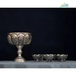 سرویس آجیل خوری شش نفره با آبکاری نقره و سیاه قلم کوره ای و رنگ ثابت