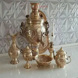 سماور ذغالی 6 لیتری با سرویس 7 تکه، برنجی قلم دست ضخیم و قابل استفاده