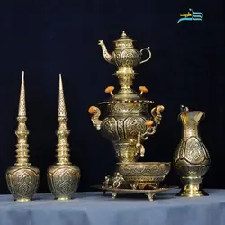 سرویس سماور دکوری برنجی و تنگ شاخدار قلم استاد لطفی با روکش کوره ای
