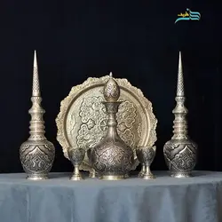 سرویس شربت خوری و تنگ شاخدار برنجی با روکش پتینه کوره ای و رنگ ثابت