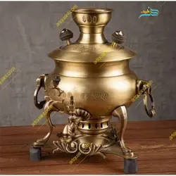 سماور برنجی زغالی 6 لیتری سنگین وزن، ورق ضخیم با ارتفاع 50 سانتیمتر