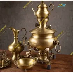 سماور برنجی زغالی 6 لیتری سنگین وزن، ورق ضخیم با ارتفاع 50 سانتیمتر