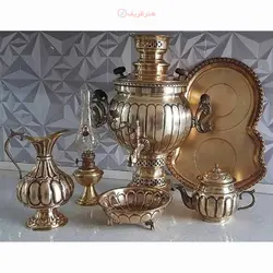 سماور ذغالی برنجی 6 لیتری با سرویس کامل، تمام برنج خالص و دارای مهر و ضمانت نامه